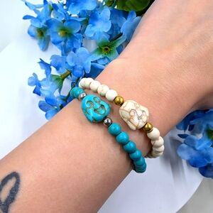 Genuine Turquoise and Howlite Stone Beaded Bracelet Set of Two